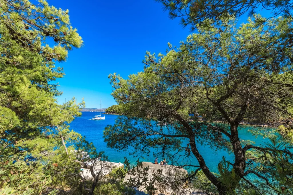 Barca a vela che entra nella baia di Gornja Krušica sull'isola di Šolta - Dalmazia - Mare Adriatico